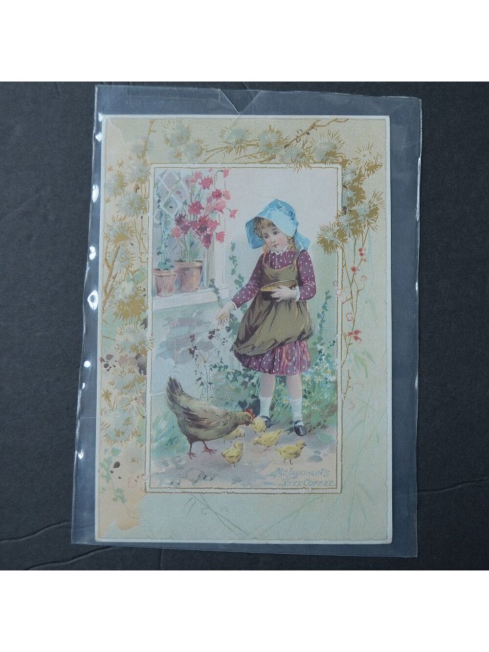 McLaughlin's XXXX Coffee Victorian Trading Card LARGE 1891 Girl with Chickens